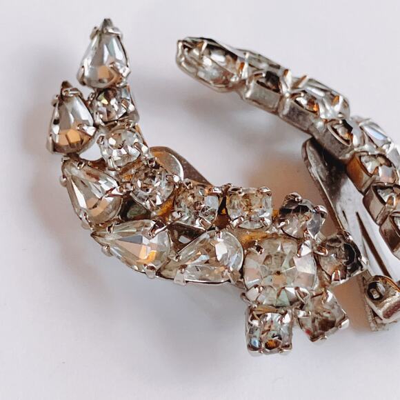 VTG Mid Century Crescent Rhinestone Clip On Earrings Silver Tone 1950s - Picture 4 of 10